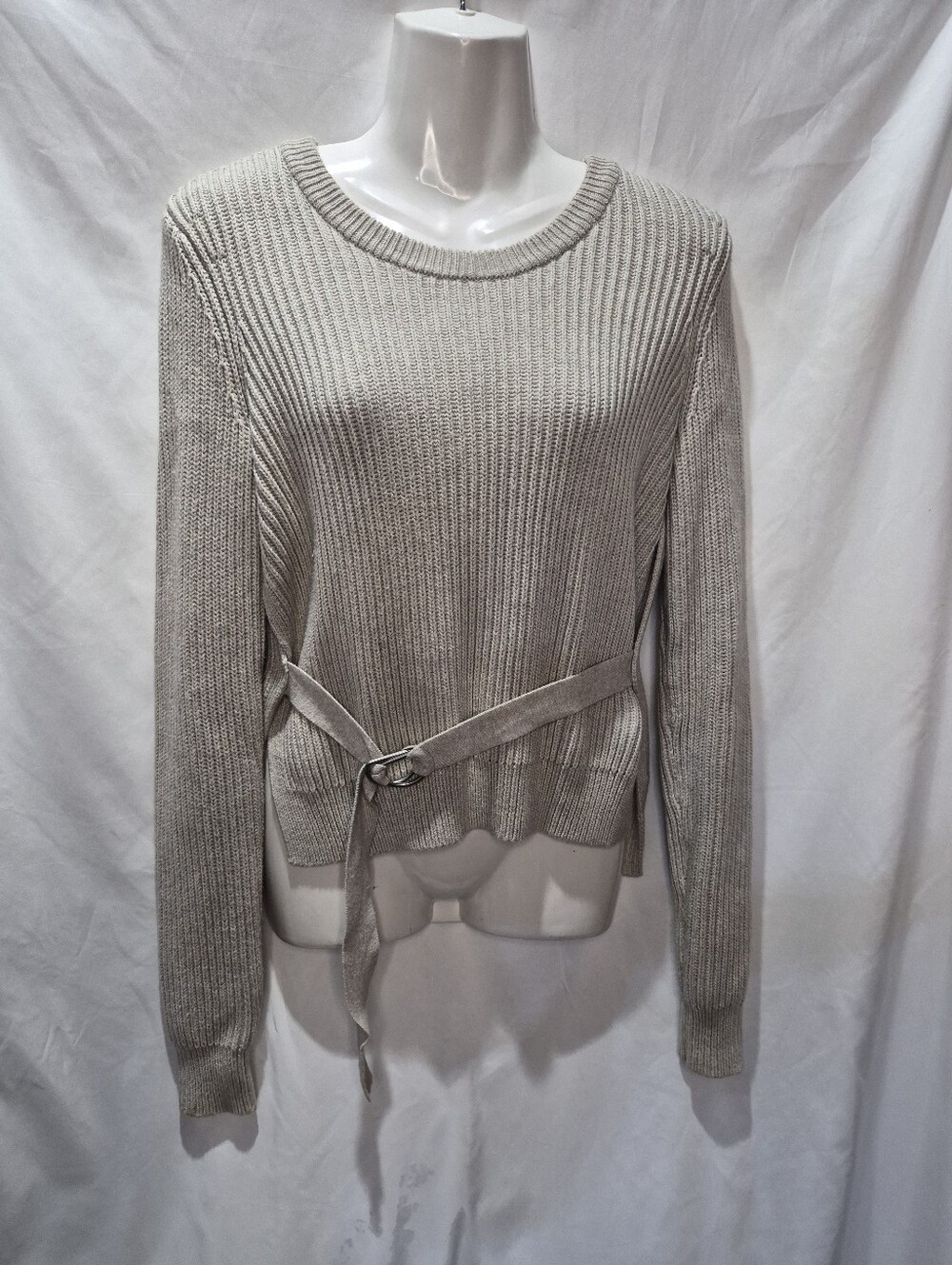 AllSaints East Jumper Belted Ribbed Cotton Sweater Taupe M